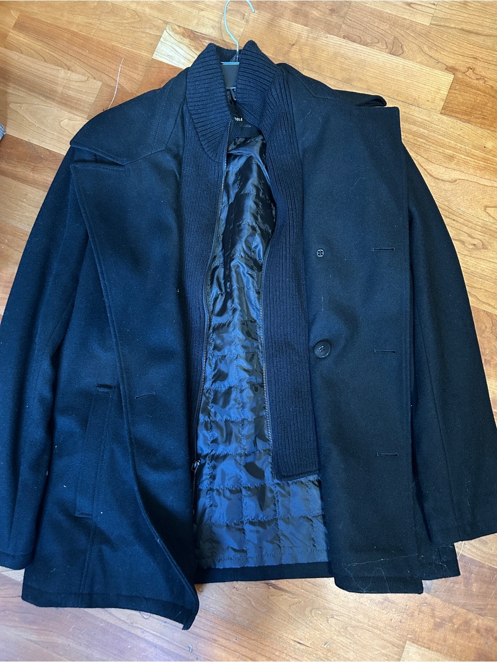Kenneth Cole Black Wool Blend Peacoat with Ribbed Knit Collar